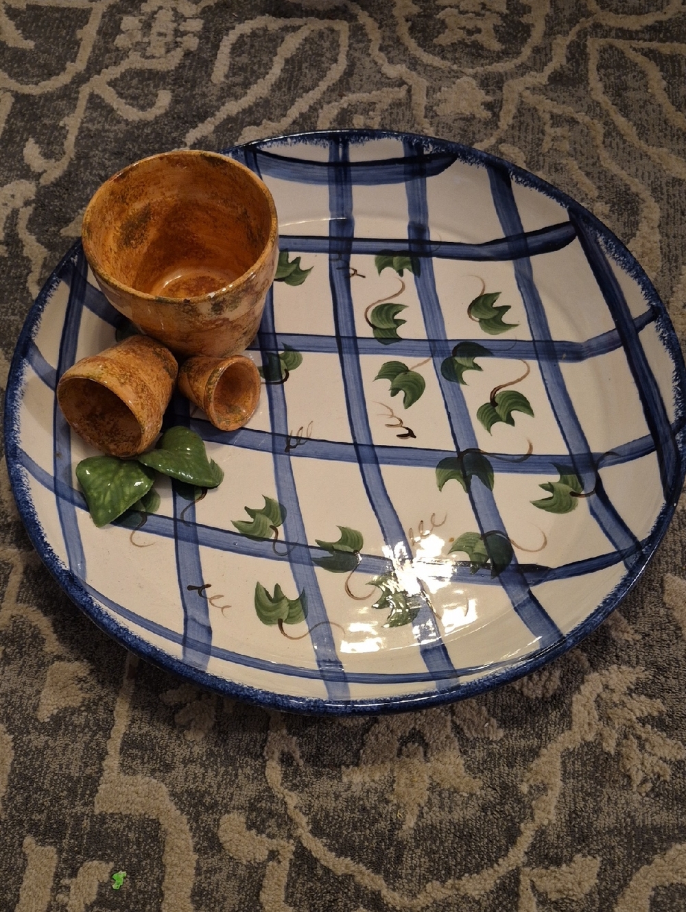 CALI Hand-Painted Blue & White Ceramic Serving Platter with Green Leaf Motif